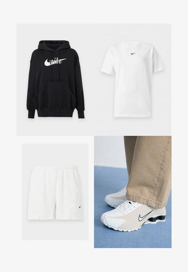 Schwarzer Nike-Hoodie mit weißem Logo, Fronttasche, langen Ärmeln, gerippten Bündchen und Saum sowie verstellbarer Kapuze mit Kordelzug.; Weißes T-Shirt mit kurzen Ärmeln und Rundhalsausschnitt, mit einem kleinen schwarzen Nike Swoosh-Logo zentriert nahe dem Kragen.; Weiße Sportshorts mit elastischem Bund und schwarzem Nike-Swoosh-Logo am linken Bein, auf einfarbigem Hintergrund dargestellt.; Weiße und beigefarbene Nike-Sneaker mit durchlöchertem Design, schwarzem Swoosh-Logo, strukturiertem Obermaterial und auffälliger, federnder schwarzer Ferse.