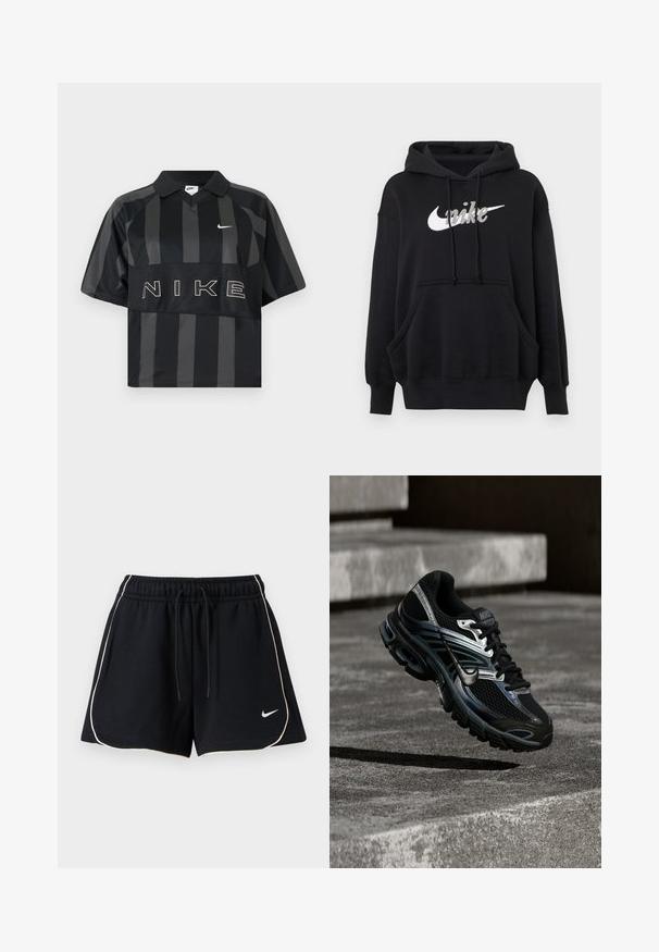 Sweat à capuche noir Nike avec logo blanc, poche kangourou avant, manches longues, poignets et ourlet côtelés, et capuche ajustable avec cordon de serrage.; Polo Nike manches courtes à rayures verticales noires et gris foncé, col, virgule Nike blanche et grand texte NIKE sur la poitrine.; Shorts de sport noirs avec un liseré blanc sur les bords, taille élastique avec cordon de serrage, et petit logo Nike blanc en forme de swoosh sur la partie inférieure gauche de la jambe.; Chaussure de running Nike noire et argent flottant au-dessus de marches en béton, montrant un design détaillé et une semelle texturée en extérieur.