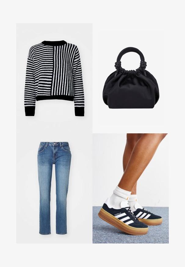 Pull rayé noir et blanc avec des rayures horizontales et verticales contrastées, dotée d'un col rond et de manchettes et d'un ourlet côtelés.; Jean en denim bleu avec une coupe droite, présentant un design classique à cinq poches et une finition légèrement délavée. Les détails incluent une fermeture à bouton et une fermeture éclair.; Jambes portant des chaussettes blanches et des baskets Adidas Gazelle noires avec des bandes blanches et des semelles épaisses marron sur un sol recouvert de moquette grise.; Sac à main en tissu noir doux avec haut froncé et poignées circulaires rembourrées nouées de chaque côté.