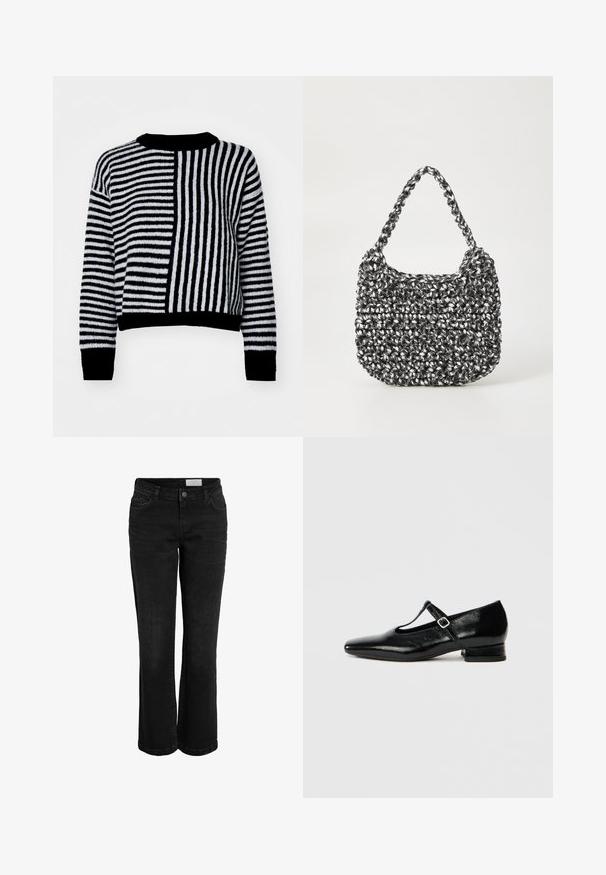 Gestreifter Pullover in Schwarz und Weiß mit kontrastierenden horizontalen und vertikalen Streifen, rundem Ausschnitt sowie gerippten Bündchen und Saum.; Schwarze Jeans aus Denim mit schmaler Flared-Form, fünf Taschen und einem Knopfverschluss. Verfügt über dezente Nähte und einen klassischen Bund.; Schwarze Mary Jane Schuhe aus Leder mit spitzer Spitze, kleinem Blockabsatz und verstellbarem Riemen mit silberner Schnalle. Glatte, glänzende Textur.; Gewebte Handtasche in Schwarz und Weiß mit runder Form, strukturiertem Oberflächenfinish und geflochtener Grifffläche. Geeignet für den lässigen Gebrauch.