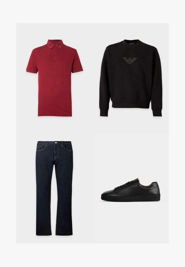 Sweat-shirt noir à manches longues avec col rond, présentant un logo d'aigle subtil et brillant centré sur la poitrine.; Polo à manches courtes rouge foncé avec trois boutons noirs et petit logo brodé sur le côté gauche de la poitrine, présenté sur un fond uni.; Jean en denim bleu foncé coupe droite avec poches avant et arrière, coutures visibles et fermeture par bouton à la taille.; Basket basse en cuir noir avec lacets noirs, semelle en caoutchouc texturée et petit logo embossé sur le côté, présenté de profil sur fond gris.
