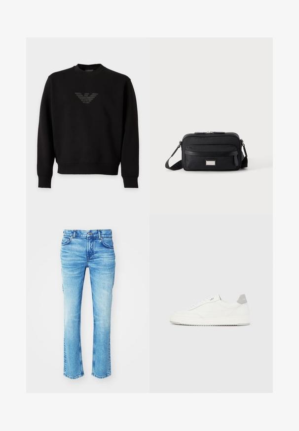Zwarte lange mouwen trui met ronde hals, met een subtiel, glanzend adelaarlogo midden op de borst.; Blauwe denim jeans met een vervaagde wassing, recht model en ruwe zoom. Heeft een vijf-pocketstijl en metalen knoopdetails.; Witte lage sneaker met grijze hielpatch, witte veters en een gestructureerde zool, gepresenteerd op een effen lichte achtergrond.; Zwarte rechthoekige crossbodytas met voorvak met ritssluiting, verstelbare schouderband en zilveren rechthoekige logo-plaat op effen achtergrond.