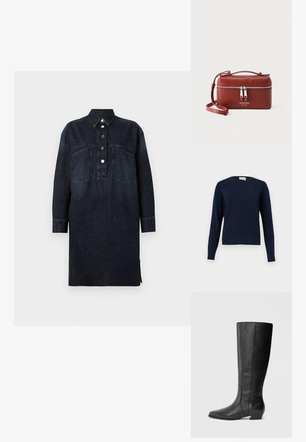 Mørkeblå langærmet rundhalset sweater med ribbet manchetter og kant, vist mod en ensartet lys baggrund.; CLOSED DRESS - Denimkjoler - dark blue; Sorte knæhøje læderstøvler med spids tå og lav blokhæl, med en glat tekstur og et rent, strømlinet design.; Kompakt brun læder crossbody-taske med dobbelt sølvlynlås og justerbar rem, Emporio Armani-logo på forsiden.