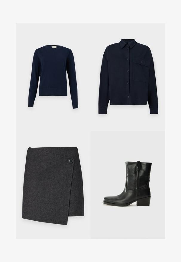 Mørkeblå langærmet rundhalset sweater med ribbet manchetter og kant, vist mod en ensartet lys baggrund.; Mørkeblå knap-bluse med krave, lange ærmer, frontlomme og en glat tekstur. Har fem knapper ned ad fronten.; Mørkegrå indpakningsnederdel lavet af tekstureret stof, med knaplukning på venstre side og en asymmetrisk kant.; Sort læder ankelstøvle med rundt tå, blokhæl, lynlås i siden og stikninger på vampsiden. Glat tekstur, klassisk design.