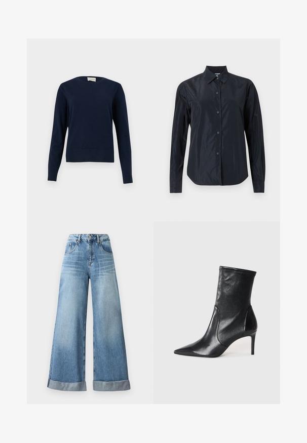 Mørkeblå langærmet rundhalset sweater med ribbet manchetter og kant, vist mod en ensartet lys baggrund.; Sort langærmet skjorte med knapper og krave i mat stof, med tilpassede manchetter, vist på en neutral lys baggrund.; Lysblå vidbenede jeans i denim med høj talje, der har knaplukning, fem lommer og opfoldede manchetter forneden.; Sorte ankelstøvler lavet af glat læder, med spids tå, tætsiddende skaft og en slank høj hæl. Minimalistisk design uden synligt hardware.