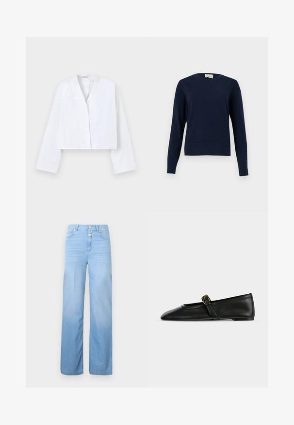 Pull à manches longues bleu marine à col rond avec poignets et ourlet côtelés, présenté sur un fond clair uni.; Veste blanche à manches longues et courte, à ouverture frontale sans boutons ni attaches visibles, présentée sur un fond clair uni.; Jean en denim bleu clair à coupe droite, style 5 poches, fermeture par bouton et texture délavée vers le bas.; Chaussure plate Mary Jane en cuir noir à bout pointu avec une fine bride munie d'une petite boucle dorée, présentée de côté sur un fond uni.