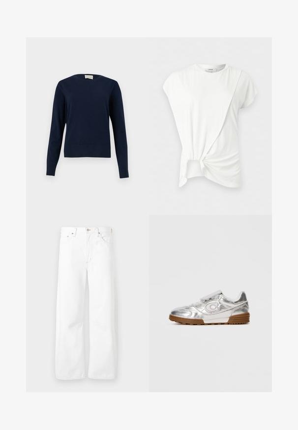 Pull à manches longues bleu marine à col rond avec poignets et ourlet côtelés, présenté sur un fond clair uni.; Blouse blanche à manches courtes avec encolure ronde et détail de nœud asymétrique à l'avant créant un effet de tissu froncé.; Jean en denim blanc à coupe droite avec cinq poches, fermeture à bouton, et détails de coutures visibles.; Sneaker métallique argenté avec un logo "C" blanc, des lacets blancs et une semelle en caoutchouc marron, présenté sur le côté sur un fond clair uni.