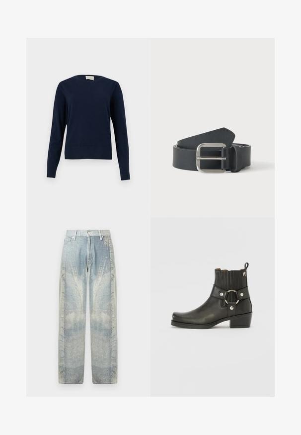 Mørkeblå langærmet rundhalset sweater med ribbet manchetter og kant, vist mod en ensartet lys baggrund.; Herre wide-leg jeans i falmet blå med tekstureret mønster, knaplukning, bæltestropper og forlommer på hvid baggrund.; Sort læder ankelstøvle med rund tå, ribbede elastiske sider, en metallisk ringdetalje og en lav blokhæl.; Sort læderbælte rullet med sølvfarvet rektangulært metalspænde på en ensfarvet lys baggrund.