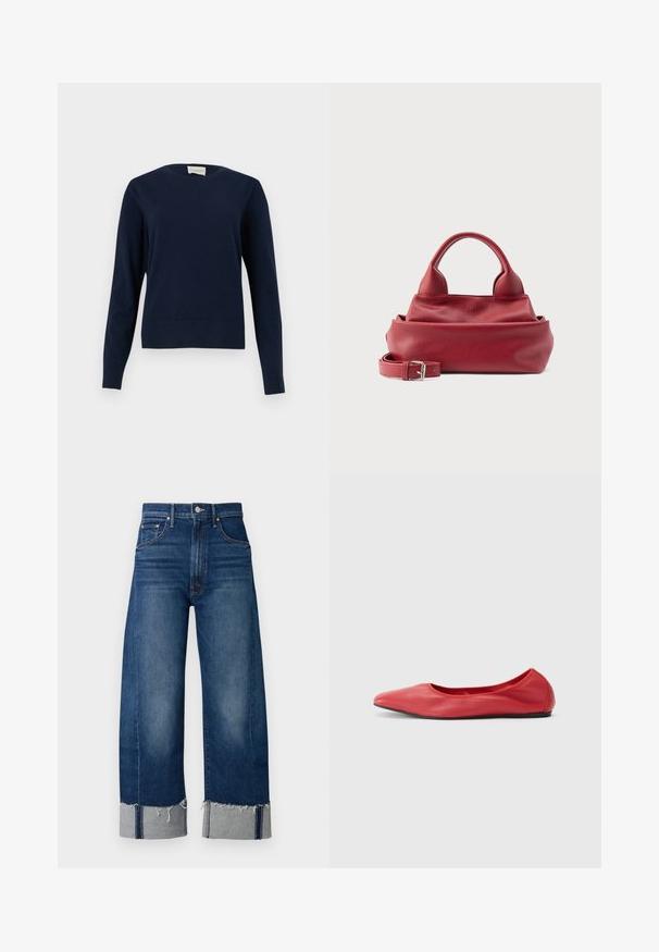 Mørkeblå langærmet rundhalset sweater med ribbet manchetter og kant, vist mod en ensartet lys baggrund.; Mørkeblå denim bukser med brede ben, frayed afslutning og lyse grå manchetter. Har et traditionelt fem-lomme design.; Filippa K REY FLATS - Ballerinasko - bright red; Rød struktureret lædertaske med to runde håndtag og en aftagelig rem med et sølvspænde på en hvid baggrund.