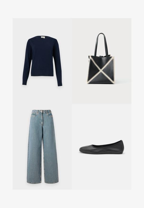 Marineblauwe trui met lange mouwen en ronde hals, voorzien van geribbelde manchetten en zoom, getoond tegen een effen lichte achtergrond.; Hogewaisted, lichtblauwe wijdvallende denim jeans met een ritssluiting aan de voorkant, knoopsluiting en zakken aan de voorkant.; Zwarte leren ballerina met een ronde neus, gladde textuur, minimale stikdetails en een flexibele zoolontwerp.; Zwarte leren draagtas met crèmekleurige stiksels in een X-patroon. Voorzien van twee zwarte handvatten en een ongestructureerde vorm.