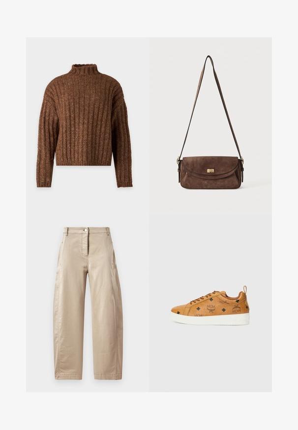 Pull épais en maille marron avec une texture côtelée et un col court et haut, présenté à plat sur fond clair.; Pantalons larges beiges en mélange de coton lisse, featuring une fermeture à bouton à l'avant, des poches latérales et des détails de couture visibles.; Baskets en cuir marron avec des semelles en caoutchouc blanches contrastées, présentant des motifs en losange noirs et des logos MCM sur le côté. Comprend des lacets et une languette arrière.; Sac bandoulière en daim marron avec une longue sangle réglable et une fermeture à tour dorée sur le rabat avant.