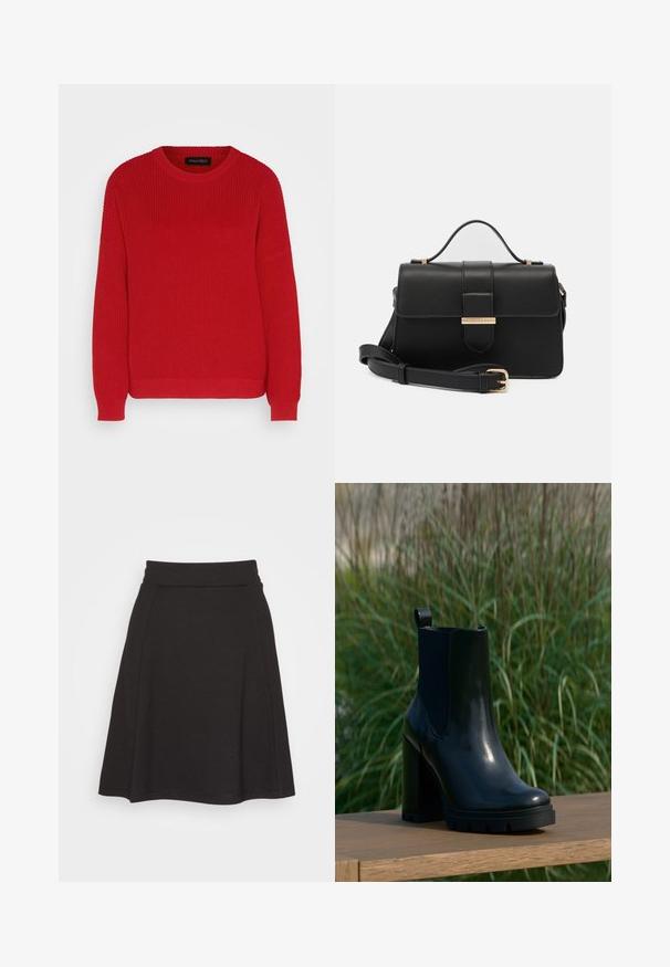 Rød strikket sweater med rund hals, ribbet tekstur og let oversized ærmer. Har en lige søm og slidstærkt stof.; Sort flagrende nederdel lavet af et blødt stof med en glat tekstur. Har en bred talje og falder til midt på låret.; Sort, skinnende læder ankelstøvle med kraftig høj hæl og trækketap, præsenteret på en træoverflade med en baggrund af højt grønt græs.; Sort læderhåndtaske med gyldne metalaccenter, rektangulær form, flaplukning, justerbar skulderrem, glat tekstur, minimalistisk design.