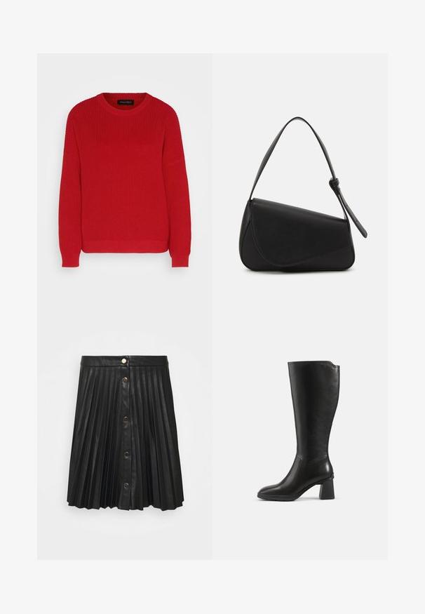 Roter Strickpullover mit einem Rundhalsausschnitt, gerippter Textur und leicht überschnittenen Ärmeln. Verfügt über einen geraden Saum und strapazierfähigen Stoff.; VILA VIAMINA BUTTON SKIRT - Minirock - black; Schwarzer kniehoher Lederstiefel mit Blockabsatz und abgerundetem Zeh, seitlich auf einem schlichten Hintergrund gezeigt.; Schwarze Lederhandtasche mit dreieckiger Form, schrägem Klappdeckel und rundem Oberhandgriff. Verfügt über eine glatte Textur und minimalistische Designdetails.