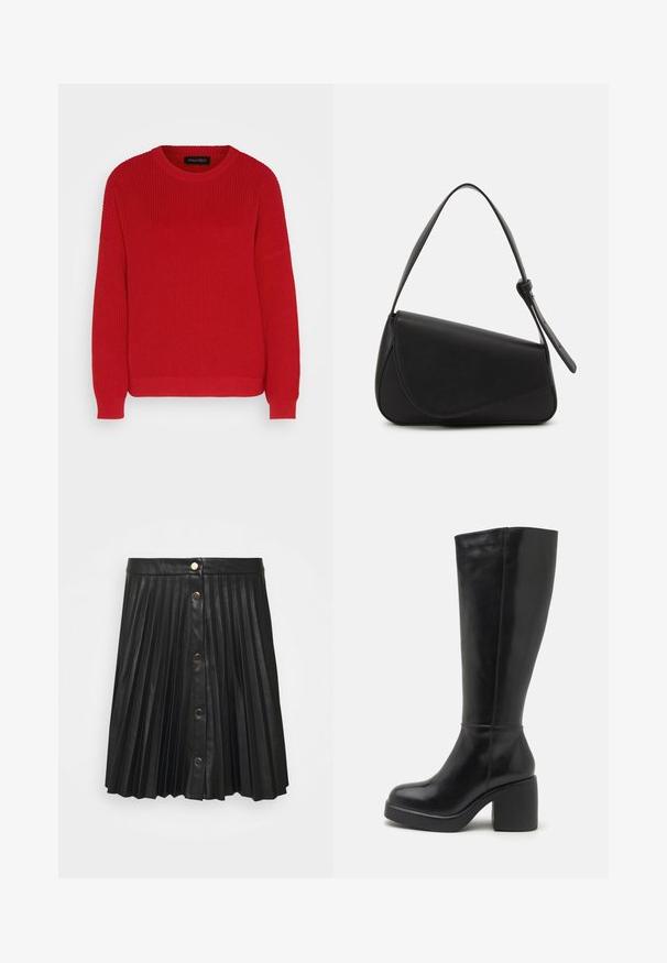 Rød strikket sweater med rund hals, ribbet tekstur og let oversized ærmer. Har en lige søm og slidstærkt stof.; VILA VIAMINA BUTTON SKIRT - Mini skirts - black; Zign LEATHER - Højhælede støvler - black; Sort læderhåndtaske med en triangular form, skrå klap og et rundt håndtag. Har en glat overflade og minimalistiske design detaljer.
