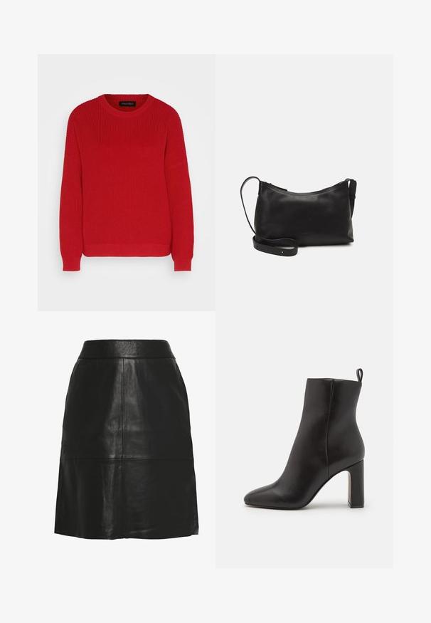 Rode gebreide trui met een ronde halslijn, geribbelde textuur en iets oversized mouwen. Heeft een rechte zoom en duurzame stof.; Zwarte A-lijn rok van imitatieleren met hoge taille en zichtbare naaddetails aan de voorkant en bij de zoom.; Zwarte leren enkelboot met een spitse neus, een cilindrische hoge hak en een lus aan de achterkant voor gemakkelijk aan- en uittrekken. Gladde textuur.; Zwarte leren schoudertas met een gladde textuur, gebogen vorm, verstelbare schouderband en een ritsafsluiting. Minimalistisch ontwerp zonder versieringen.