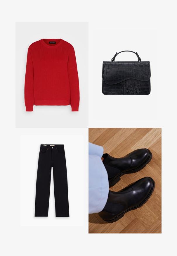 Rode gebreide trui met een ronde halslijn, geribbelde textuur en iets oversized mouwen. Heeft een rechte zoom en duurzame stof.; Zwarte denim jeans met een recht model, vijf zakken, koperen hardware en een gladde textuur. Twee labels zichtbaar op de tailleband.; Zwarte enkellaarzen van soepel leer met elastische zijpanelen, een getextureerde rubberen zool en contrasterende stiklijnen langs de rand.; Zwarte leren handtas met krokodillenstructuur, rechthoekige vorm, gebogen klep en korte toplus.