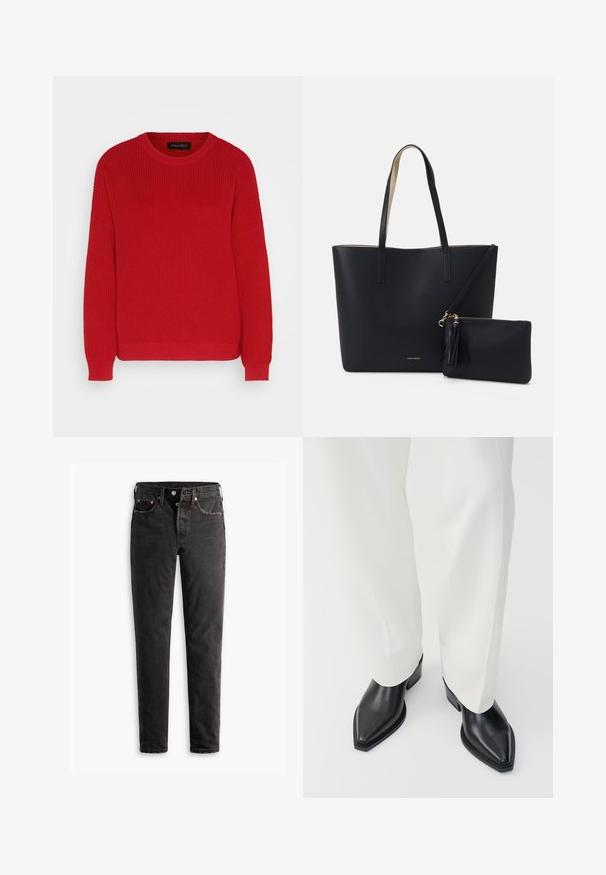 Rød strikket sweater med rund hals, ribbet tekstur og let oversized ærmer. Har en lige søm og slidstærkt stof.; Sorte denim jeans med lige ben, der har fem lommer, kobberhardware og en let slidte måde.; Sorte spidse ankelstøvler med en glat læderoverflade, lave blokhæle, og parret med hvide brede bukser. Enkel og moderne design.; Sort tote taske med struktureret materiale, to lange håndtag og en aftagelig lynlåspose med en frynse-detalje. Guld mærkelogo synligt.