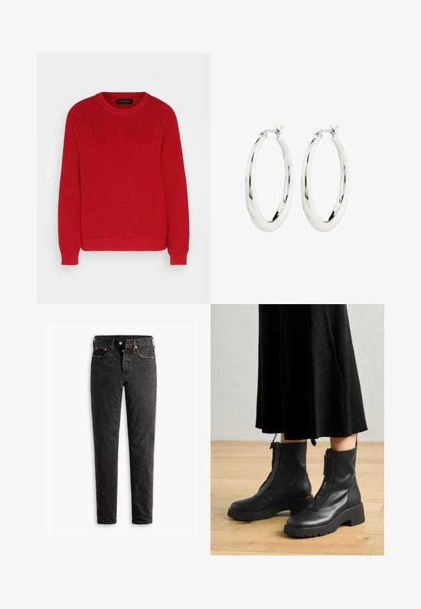 Suéter de punto rojo con un escote redondo, textura acanalada y mangas ligeramente oversize. Presenta un dobladillo recto y una tela duradera.; Jeans de denim negro con corte recto, que cuentan con cinco bolsillos, herrajes de cobre y una textura ligeramente deslavada.; Botas de tobillo de cuero negro con suela de plataforma gruesa y cremallera delantera. Textura suave con un diseño minimalista.; Pendientes de aro de plata con un acabado suave y brillante. Forma circular, con un cierre seguro. Diseño sencillo y elegante.