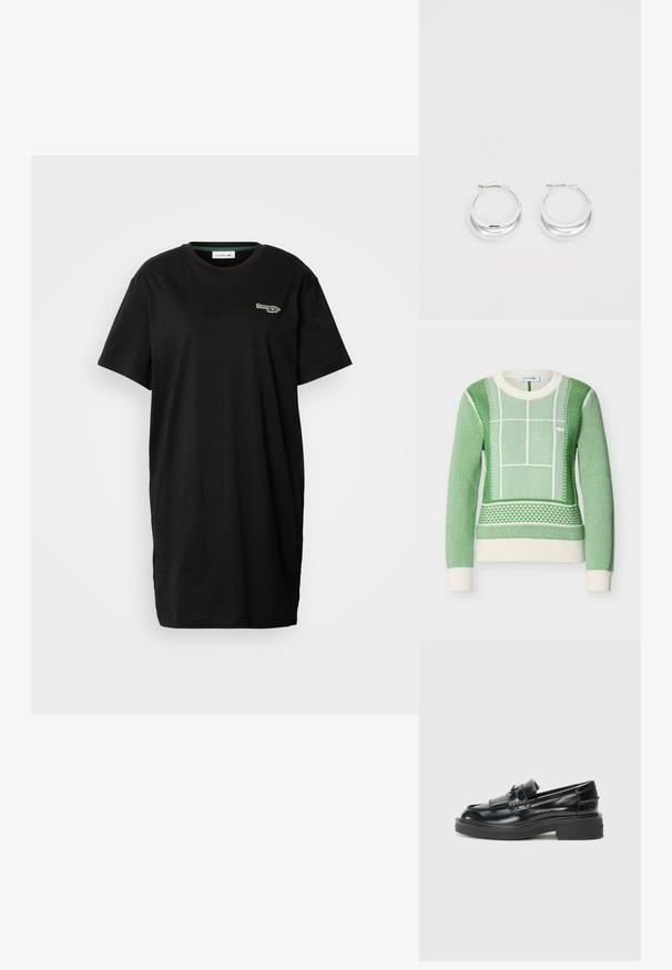 Pull vert et blanc à manches longues en tricot avec motifs géométriques texturés, poignets et ourlet côtelés, logo Lacoste sur la poitrine.; Robe T-shirt noire à manches courtes avec col rond et petit logo Lacoste sur le côté gauche de la poitrine.; Mocassin noir en cuir avec une semelle plate et épaisse, présentant un design cousu et une sangle repliée surélevée à l'avant. Fini lisse et brillant.; Boucles d'oreilles en argent avec une finition polie et un branding DKNY, présentées sur un fond blanc uni.