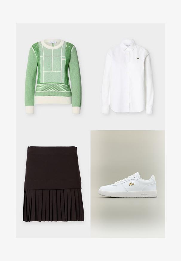 Pull vert et blanc à manches longues en tricot avec motifs géométriques texturés, poignets et ourlet côtelés, logo Lacoste sur la poitrine.; Chemise blanche à manches longues avec col et boutons, ornée d'un petit logo crocodile vert sur la poitrine gauche.; Jupe noire avec une large ceinture et une partie inférieure plissée, étalée à plat sur un fond blanc.; Baskets en cuir blanc avec un design basse, bout arrondi, fermeture à lacets et un accent du logo doré Lacoste sur le côté.