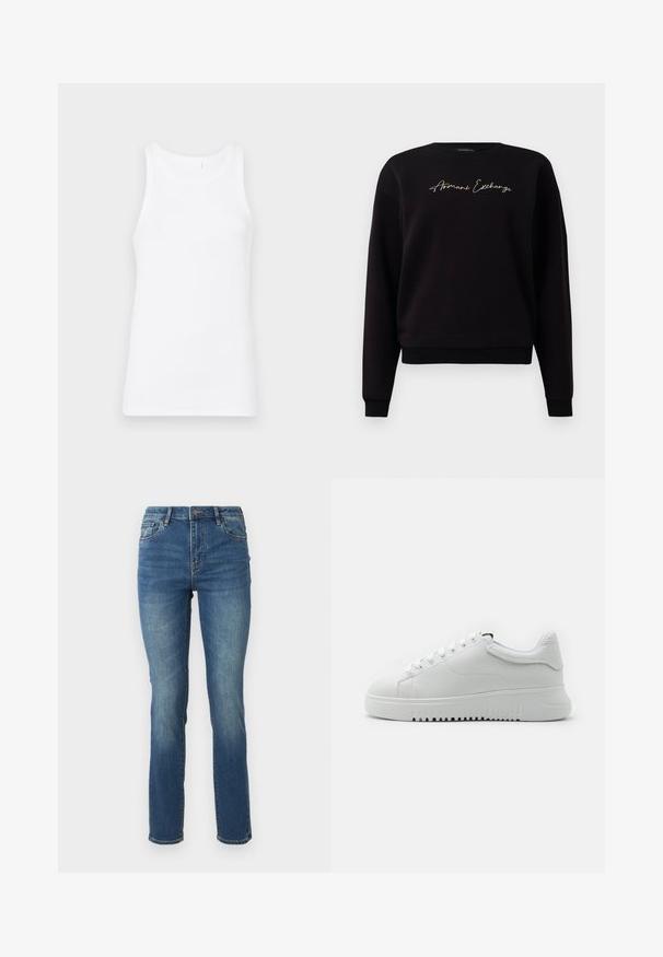 Sweatshirt noir en mélange de coton, doté de manches longues, d'un col rond, et d'une broderie dorée "Armani Exchange" sur le devant.; Débardeur en coton blanc avec un col rond et de larges bretelles. Le tissu est lisse et ajusté, sans motifs ni embellissements visibles.; Jean en denim bleu mi-hauteur avec une jambe droite, présentant une texture lisse, un léger dégradé et un design classique à cinq poches avec fermeture à bouton.; Baskets blanches avec une tige en cuir texturé, bout rond et lacets. Semelle en caoutchouc blanc épaisse avec un motif de traction texturé.