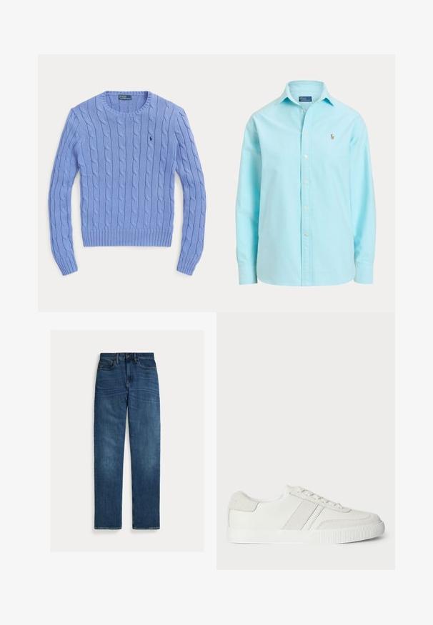 Lichtblauwe kabelgebreide trui met ronde hals, lange mouwen en een Polo Ralph Lauren-logo geborduurd op de borst.; Lichtblauw overhemd met lange mouwen, knopen en een kraag, met een klein geborduurd logo op de linkerborst.; Blauwe denim jeans met rechte pijpen, vijf zakken, knoopsluiting en subtiele vervaging op dijen en knieën, plat op een witte achtergrond gelegd.; Witte sneaker met een glad leren bovenzijde, suède accenten en platte veters. Voorzien van een geëxtraheerde rubberen zool en een minimalistisch ontwerp.