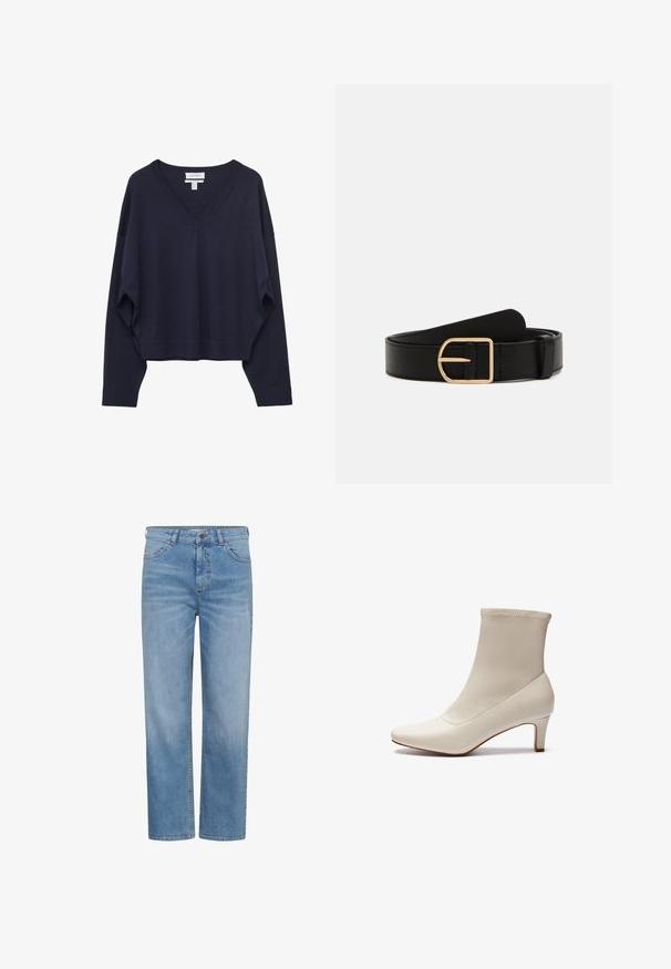 Marineblauer V-Ausschnitt-Pullover mit langen Ärmeln, gerippten Bündchen und Saum, flach auf weißem Hintergrund dargestellt.; Hellblaue Jeans mit geradem Bein, vorderem Knopf- und Reißverschluss, Gürtelschlaufen und Vorderentaschen.; Weiße Knöchelstiefel aus glattem Leder mit spitzem Zehenbereich und einem kurzen, schmalen Absatz. Verfügt über ein minimalistisches Design und ein nahtloses Obermaterial.; Schwarzer Leder-Gürtel mit einer goldenen quadratischen Schnalle. Verfügt über eine glatte Textur und ein klassisches Design, das sowohl für legere als auch für formelle Anlässe geeignet ist.