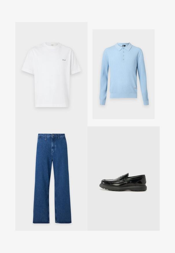 Polo à manches longues côtelé bleu clair avec patte de boutonnage et petite étiquette en métal de la marque sur le côté avant inférieur.; T-shirt blanc en coton avec manches courtes et col ras du cou, arborant un petit logo texte noir "Cloud" brodé sur le côté gauche de la poitrine.; Jean bleu à jambes larges avec passants de ceinture, fermeture à boutons et taille haute, présenté à plat sur un fond clair.; Mocassin en cuir noir avec une finition brillante, bout arrondi, détails de couture subtils et semelle en caoutchouc épaisse pour la durabilité.