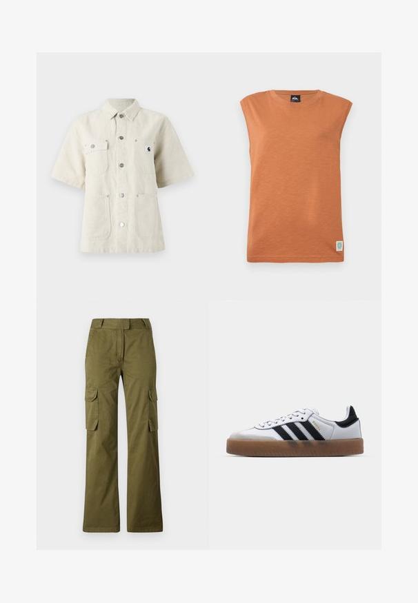Oranje mouwloze T-shirt van een zachte, gestructureerde stof. Rondde halslijn met een klein logo-opdruk in de onderhoek aan de linkerkant.; Korte mouwen shirt van lichtbeige stof, met een puntige kraag, knopen aan de voorkant, twee borstzakken en een klein logo op de linkerzijde.; Olijfgroene cargobroek van een katoenmix, met een rechte pijp, twee zijzakken en een knoopsluiting bij de taille.; Witte leren sneakers met zwarte strepen, gumrubberen buitenzool, ronde neus, vetersluiting en een zachte grijze suède neuskap.