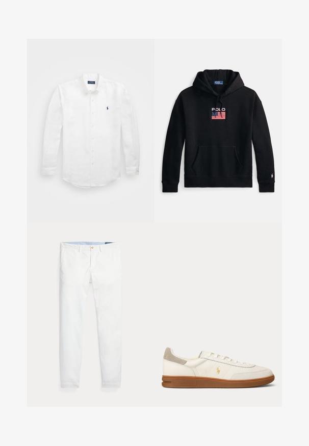Zwarte hoodie gemaakt van zachte stof, met een voorzak, trekkoordkap en een geborduurd "Polo"-logo met een ontwerp van de Amerikaanse vlag.; Witte lange mouwen shirt van katoen met een button-down kraag, voorzien van een klein marineblauw logo op de linkerborst en klassieke knoopsluiting.; Witte katoenen chino's met een slim fit, voorzien van een enkele gouden knoopsluiting en een lichtblauwe binnenband. Gladde textuur zonder patronen.; Witte leren lage sneaker met bruine rubberen zool, beige suède hielstuk en klein gouden Polo logo aan de zijkant.