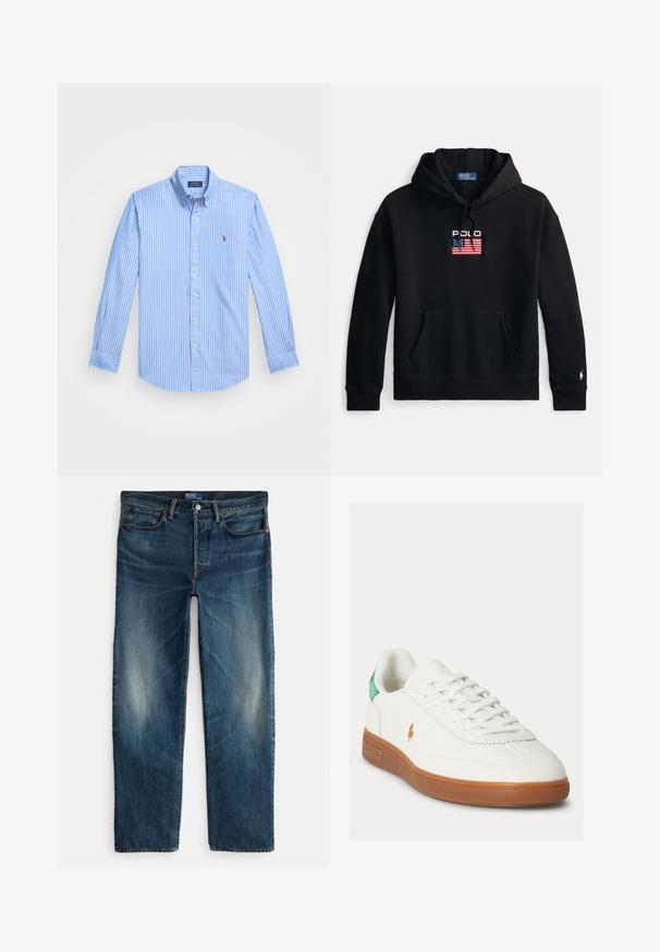 Zwarte hoodie gemaakt van zachte stof, met een voorzak, trekkoordkap en een geborduurd "Polo"-logo met een ontwerp van de Amerikaanse vlag.; Blauwe en witte gestreepte lange mouwen overhemd met een puntige kraag en logo-embleem op de borst. Katoenen stof met een gladde textuur.; Indigoblauwe denim jeans met een rechte pijp, vijfzakkenmodel en subtiele vervaging op de dijen. Voorzien van een metalen knoop en ritssluiting.; Witte sneaker met veters, bruine rubberen zool, groene hieltab en klein goudkleurig polo-spelerlogo aan de buitenkant.