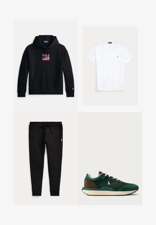 Schwarzer Hoodie aus weichem Stoff, mit Fronttasche, verstellbarer Kapuze mit Kordelzug und gesticktem "Polo"-Logo mit amerikanischer Flagge.; Weißes T-Shirt mit Rundhalsausschnitt und kurzen Ärmeln, mit kleinem gesticktem Polo Ralph Lauren Logo auf der linken Brust und blauem Markenetikett innen am Kragen.; Schwarze Jogginghose mit umgeschlagenen Bündchen, Tunnelzug in der Taille, Seitentaschen und kleinem weißen Polo-Spieler-Logo am rechten Oberschenkel.; Herren Sneaker aus dunkelgrünem und braunem Wildleder, mit Mesh-Einsätzen, weißen Schnürsenkeln und einer Gummisohle. Mit einem Logo an der Seite.