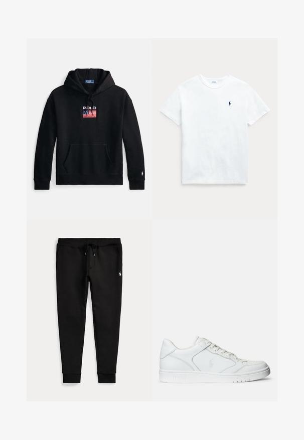 Sweat à capuche noir en tissu doux, avec une poche frontale, une capuche à cordon de serrage et un logo brodé "Polo" avec un drapeau américain.; T-shirt en coton blanc à manches courtes, col rond, avec un petit logo marine sur le côté gauche de la poitrine. Texture lisse et coupe classique.; Pantalon de jogging noir avec chevilles resserrées, taille à cordon, poches latérales et petit logo blanc de joueur de polo sur la cuisse droite.; Baskets en cuir blanc avec une texture lisse, présentant un bout perforé, un système de laçage et un logo brodé sur le côté. Semelle en caoutchouc blanc.