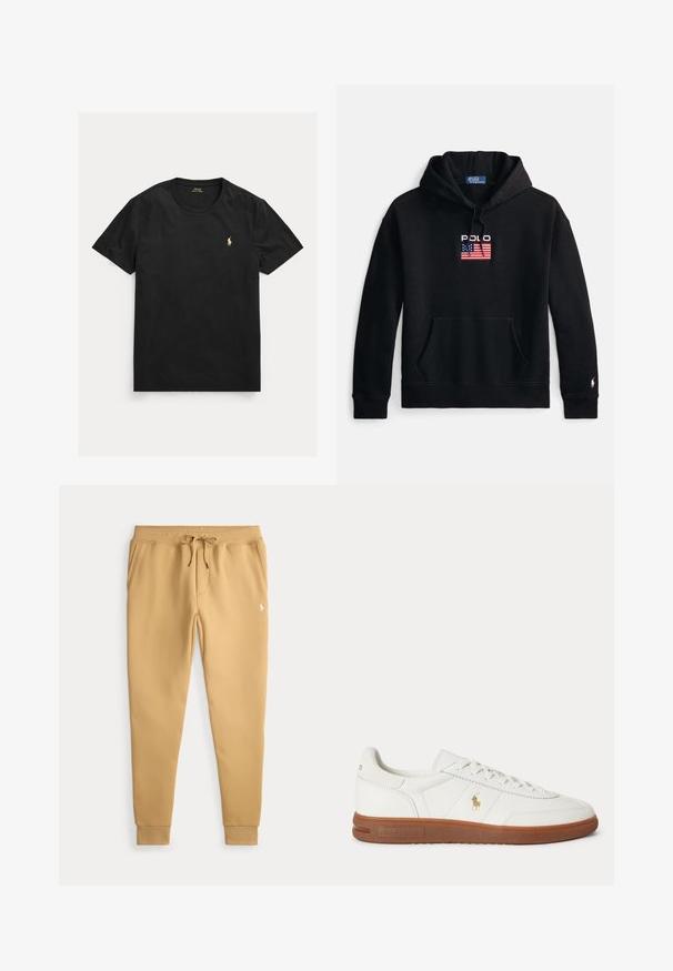 Zwarte hoodie gemaakt van zachte stof, met een voorzak, trekkoordkap en een geborduurd "Polo"-logo met een ontwerp van de Amerikaanse vlag.; Zwart T-shirt met korte mouwen en ronde hals met klein geel Polo Ralph Lauren-logo op de linkerborst.; Beige joggerbroeken met een trekkoord in de taille, zijzakken, geribbelde manchetten en een klein wit logo op de rechterdij.; Witte lage sneaker met bruine zool, veters aan de voorkant en klein gouden Polo Ralph Lauren-logo aan de zijkant.