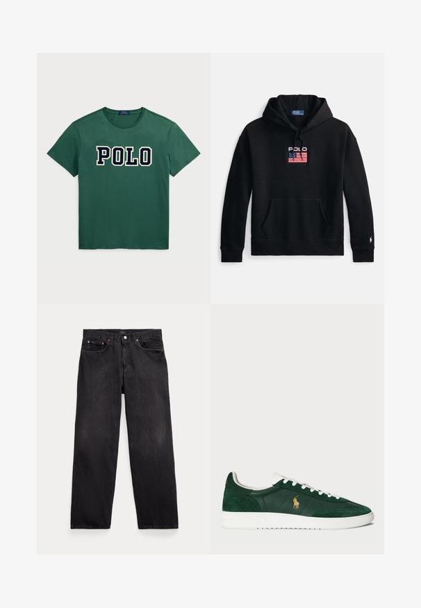 Čierna mikina s kapucňou z mäkkej tkaniny, s predným vreckom, kapucňou so šnúrkami a vyšitým logom "Polo" s dizajnom americkej vlajky.; Zelené bavlnené tričko s okrúhlym výstrihom a krátkymi rukávmi. Logo "POLO" v tučnom námorníckom písmene cez hruď. Hladká textúra.; Čierne rifle s rovnými nohavicami, piatimi vreckami, zapínaním na gombíky a viditeľnými kovovými nitmi na predných vreckách.; Zelené semišové a kožené tenisky s bielou gumovou podrážkou, s vyrazeným zlatým logom na boku a bielymi šnúrkami. Klasický nízky dizajn.