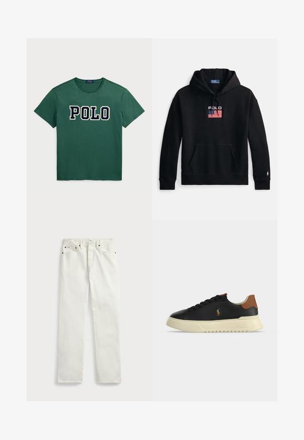Schwarzer Hoodie aus weichem Stoff, mit Fronttasche, verstellbarer Kapuze mit Kordelzug und gesticktem "Polo"-Logo mit amerikanischer Flagge.; Grünes Baumwoll-T-Shirt mit Rundhalsausschnitt und kurzen Ärmeln. "POLO"-Logo in fettem Marineblau über der Brust. Glatte Textur.; Weiße Denim-Jeans mit geradem Schnitt, ausgestattet mit fünf Taschen, Metallknöpfen und Ziernähten entlang der Nähte. Glatte Textur.; Schwarzer flacher Ledersneaker mit beiger Sohle, braunem Fersenlasche und kleinem besticktem Polo-Spieler-Logo an der Seite.