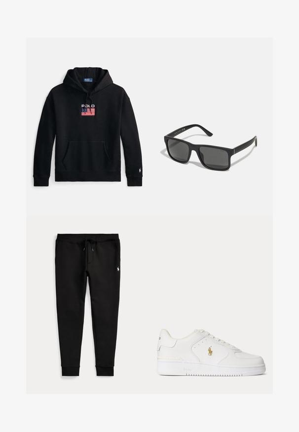 Schwarzer Hoodie aus weichem Stoff, mit Fronttasche, verstellbarer Kapuze mit Kordelzug und gesticktem "Polo"-Logo mit amerikanischer Flagge.; Schwarze Jogginghose mit umgeschlagenen Bündchen, Tunnelzug in der Taille, Seitentaschen und kleinem weißen Polo-Spieler-Logo am rechten Oberschenkel.; Weißer Leder-Sneaker mit niedrigem Schnitt, weißen Schnürsenkeln und einem goldfarbenen Polo Ralph Lauren-Logo an der Seite sowie "Polo" auf der Sohle geprägt.; Schwarze rechteckige Sonnenbrille mit dunklen Gläsern und matter Oberfläche. Enthält das eingeprägte "POLO"-Logo an den Bügeln und ein robustes Rahmendesign.
