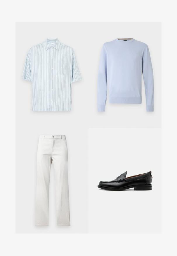 Pull bleu clair, col rond, manches longues, poignets et ourlet côtelés, avec un petit logo sur la poitrine, en tissu tricoté doux.; Chemise à manches courtes à boutons, bleu clair avec des rayures verticales et une poche poitrine. Confectionnée en tissu léger. Col de coupe standard.; Pantalon gris clair avec une coupe droite, fabriqué dans un tissu lisse, doté d'une fermeture à bouton à l'avant et de poches latérales.; Mocassin homme en cuir noir avec couture moc toe, bride penny, col texturé et petit talon empilé sur fond blanc.