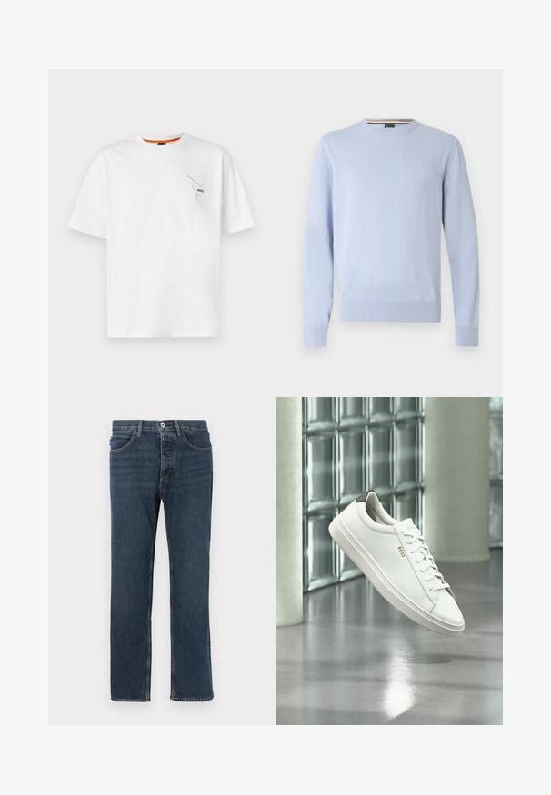 Lichtblauwe trui, ronde hals, lange mouwen, geribbelde manchetten en zoom, met een klein logo op de borst, gemaakt van zachte gebreide stof.; Witte katoenen T-shirt met korte mouwen, ronde halslijn, met een klein zwart logo op de linkerborst en een oranje accent aan de binnenkant van de kraag.; Donkerblauwe denim jeans met een rechte pasvorm, vijf zakken, een knoopsluiting en zichtbare stiksels. Het materiaal heeft een textuur met een klassiek ontwerp.; Witte leren lage sneaker met veters, zwarte hielstrook en "BOSS"-logo, zwevend binnenshuis bij een glazen stenen muur en gepolijste vloer.