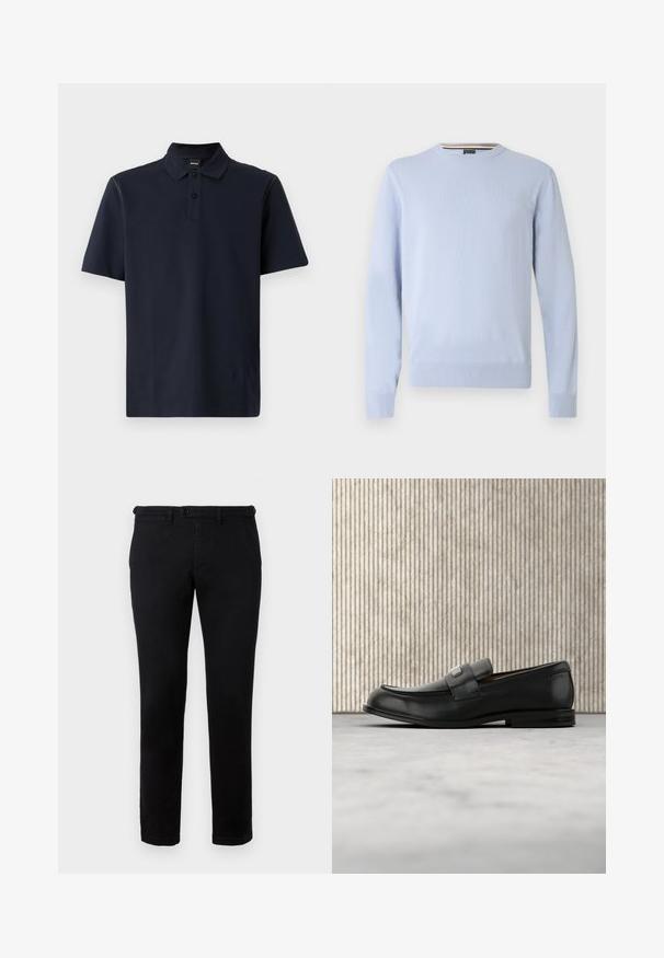 Pull bleu clair, col rond, manches longues, poignets et ourlet côtelés, avec un petit logo sur la poitrine, en tissu tricoté doux.; Polo à manches courtes bleu marine en coton texturé, avec une patte de boutonnage à deux boutons, un col standard et une couture discrète au niveau des épaules.; Pantalons en coton noirs à coupe droite, avec fermeture à bouton, passants de ceinture et poches latérales. Texture lisse avec un minimum de détails.; Mocassin en cuir noir avec une plaque de marque en métal reposant près d'une table ronde marron sur un sol recouvert de moquette beige.