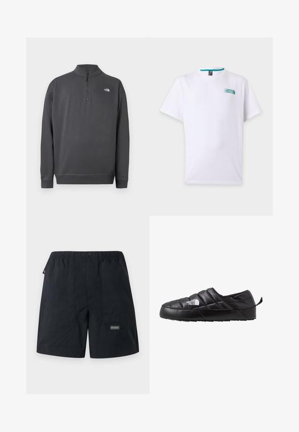 Pull gris foncé à manches longues avec col à glissière quart de zip et petit logo blanc The North Face sur le côté gauche de la poitrine.; T-shirt blanc à manches courtes avec un petit logo turquoise The North Face sur le côté gauche de la poitrine et un col rond.; Shorts noirs légers avec taille élastique, poches avant, fermeture par bouton et petit logo Columbia sur la jambe inférieure droite.; Chaussure noire à enfiler avec un design matelassé, fabriquée en matériau rembourré. Elle présente une semelle en caoutchouc texturée et une petite languette à l'arrière.