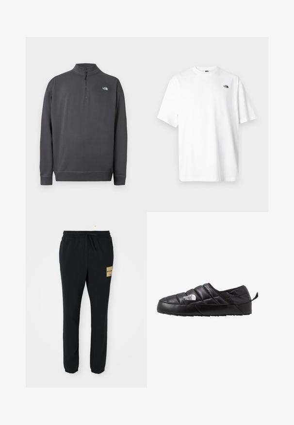 Tummanharmaa pitkähihaisen poolopaita, jossa neljänneksen vetoketjukaulus ja pieni valkoinen The North Face -logo vasemmassa rinnassa.; Valkoinen puuvillainen t-paita lyhyillä hihoilla, V-kaula-aukolla, jossa pieni musta logo vasemman yläpuolen kohdalla. Pehmeä tuntuma, rento istuvuus.; Musta kapenevat collegehousut, joissa on elastinen vyötärö, nyöri, resorikujat ja vaaleanruskea Columbia-logo-ommel oikeassa reidessä.; Mustat liukupohjaiset kengät, joissa on violetit tikatut kuviot, valmistettu pehmeästä materiaalista. Varustettu tekstuurilla varustetulla kumipohjalla ja pienellä nostonauhakkeella takana.