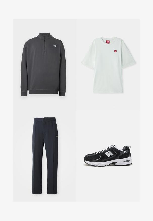 Tmavosivý pulóver s dlhými rukávmi, štvrtinovým zipsom na golieri a malým bielym logom The North Face na ľavej strane hrude.; Svetlozelené tričko s krátkymi rukávmi vyrobené z mäkkého bavlneného materiálu, so malou červenou logovou nášivkou na ľavej strane hrude. Vo voľnom strihu a s okrúhlym výstrihom.; Čierne nohavice rovného strihu s elastickým pásom, zapínaním na gombík, so švovými detailami a malým bielym logom "the new originals" na ľavom stehne.; Čierne a šedé športové topánky s hornou časťou z mikrovlákna a zamatu, s bielou medzipodrážkou, šnúrkami a výrazným logom "N" na boku.