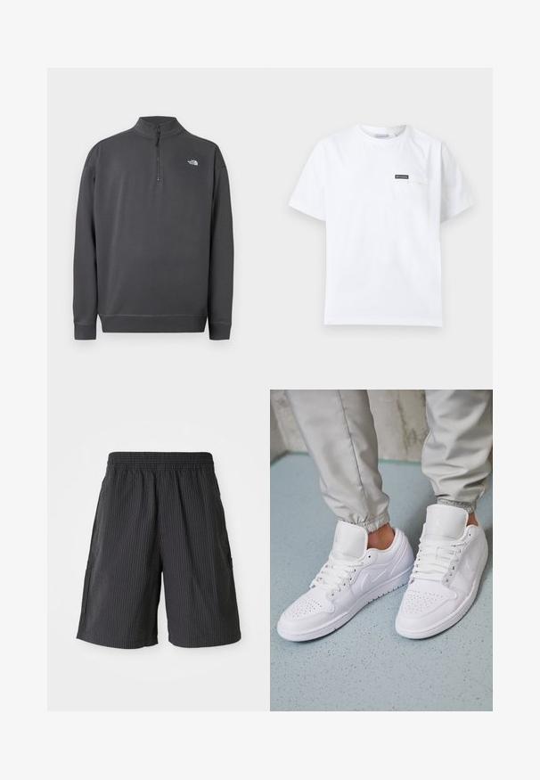 Pull gris foncé à manches longues avec col à glissière quart de zip et petit logo blanc The North Face sur le côté gauche de la poitrine.; T-shirt blanc à manches courtes et col rond avec petite poche poitrine ornée d'un écusson logo Columbia noir.; Shorts noirs avec un design texturé et côtelé, taille élastique et deux poches latérales. Style décontracté, longueur au-dessus du genou.; Des baskets en cuir blanc présentent une zone de perforation à l'avant, des lacets plats, un col rembourré et le logo Jordan sur la languette. Portées avec un pantalon de jogging gris.