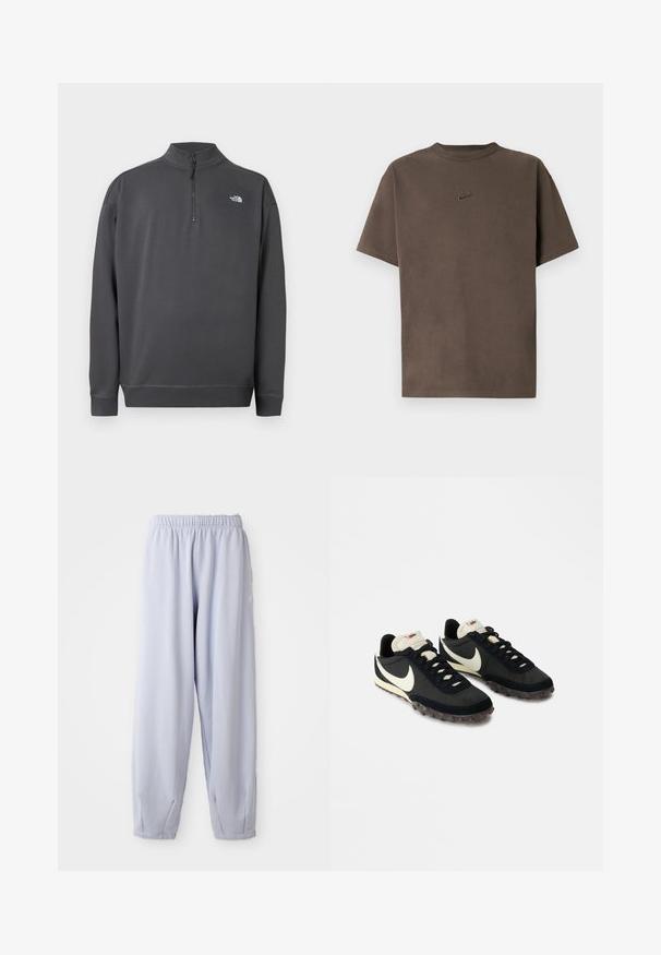 Mørkegrå langærmet pullover med kvart lynlås krave og lille hvidt The North Face logo på venstre bryst.; Brun Nike T-shirt med korte ærmer, rund hals og lille broderet logo centreret på brystet mod en hvid baggrund.; Lyse lavendel joggers lavet af blød stof med elastisk talje og samlede ankler. Har subtil branding på siden.; Sorte sportssko med en struktureret overdel, hvid swoosh-logo og gummisål med små stik til trækkraft. Elfenbensfarvet krave.
