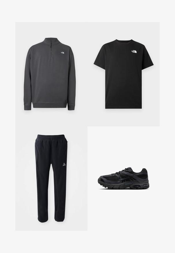 Donkergrijze trui met lange mouwen, kwart ritssluiting en klein wit The North Face-logo op de linkerborst.; Zwart katoenen T-shirt met korte mouwen, ronde hals en een klein wit logo op de linkerborst. Glad oppervlak, standaard pasvorm.; Zwarte sportbroek van een zachte, gestructureerde stof, met een elastische tailleband, zijzakken en een driehoekig logo accent op de dij.; Zwarte en donkergrijze Nike hardloopschoen met meshstof, suède overlays, een gedempte zool en zichtbare luchtunits in de hiel en voorvoet.