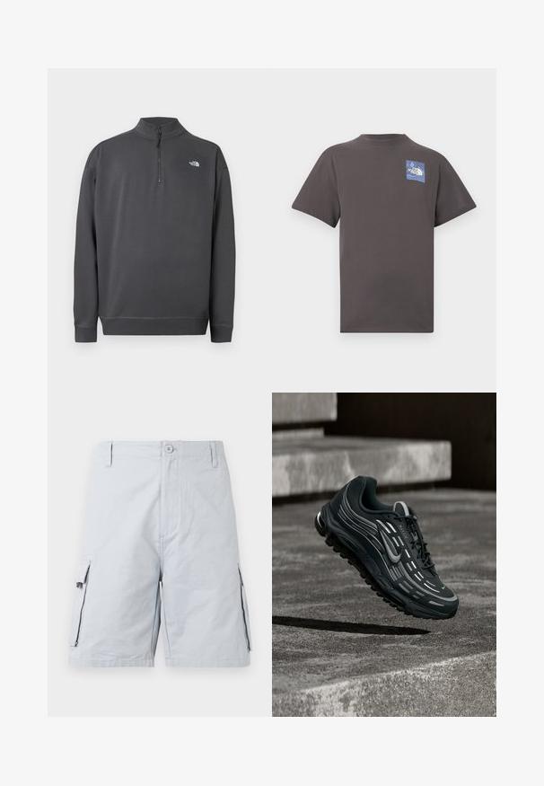 Pull gris foncé à manches longues avec col à glissière quart de zip et petit logo blanc The North Face sur le côté gauche de la poitrine.; T-shirt gris foncé à manches courtes avec un petit logo bleu et blanc The North Face sur la partie supérieure gauche de la poitrine.; Shorts cargo pour hommes gris clair, avec fermeture à bouton, passants pour ceinture et poches à rabat de chaque côté.; Baskets Nike Air Max noires et grises flottant au-dessus de marches en béton gris avec un fond de sol texturé.