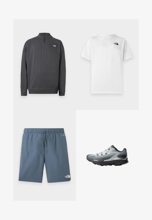 Donkergrijze trui met lange mouwen, kwart ritssluiting en klein wit The North Face-logo op de linkerborst.; Wit katoenen T-shirt met korte mouwen en een ronde hals. Voorzien van een klein zwart logo aan de bovenkant aan de linkerkant. Glad oppervlak.; Blauwe short met elastische tailleband en trekkoord, The North Face-logo op het linkerbeen, en "FLASHDRY" tekst vlakbij de rechterzak.; Trailrun schoenen met een grijs en zwart kleurenschema, bovenwerk van gaas, stevige zool en gestructureerde accenten voor grip.