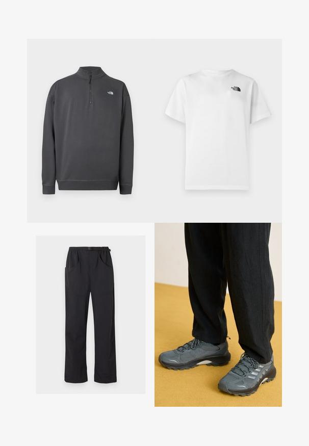 Pull gris foncé à manches longues avec col à glissière quart de zip et petit logo blanc The North Face sur le côté gauche de la poitrine.; T-shirt en coton blanc à manches courtes et col rond. Présente un petit logo noir sur le côté gauche supérieur. Texture lisse.; Pantalon noir à jambe droite avec taille élastique et ceinture ajustable à boucle, doté de poches avant et latérales.; Baskets de sport grises en mesh et synthétique avec un profil de semelle prononcé, des accents réfléchissants et un design à lacets, associées à un pantalon noir ample.
