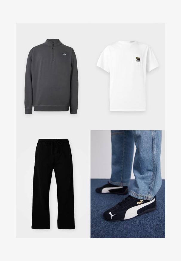 Mørkegrå langærmet pullover med kvart lynlås krave og lille hvidt The North Face logo på venstre bryst.; Hvid bomulds T-shirt med korte ærmer og en brystlomme med et bjerglogo i sort og guld. Enkel, udekoreret design.; Sorte bukser med elastisk talje og justerbar snor, brede ben og en glat bomulds struktur. Ingen synlige mønstre eller hardware detaljer.; Sorte ruskinds sneakers med hvide detaljer og et guldlogo. Båret med lyseblå denimjeans og sat på en struktureret blå overflade.
